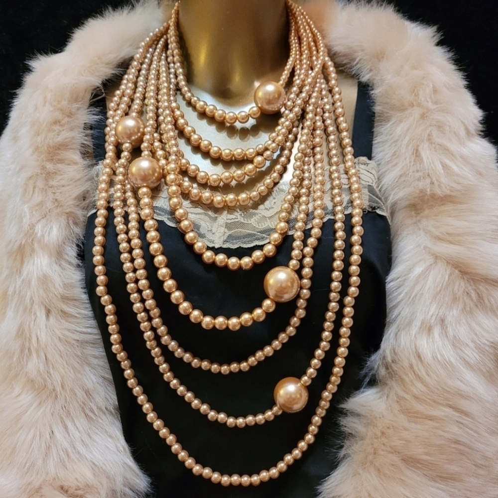Vintage Champagne Pearl Multistrand Layered Statement Necklace